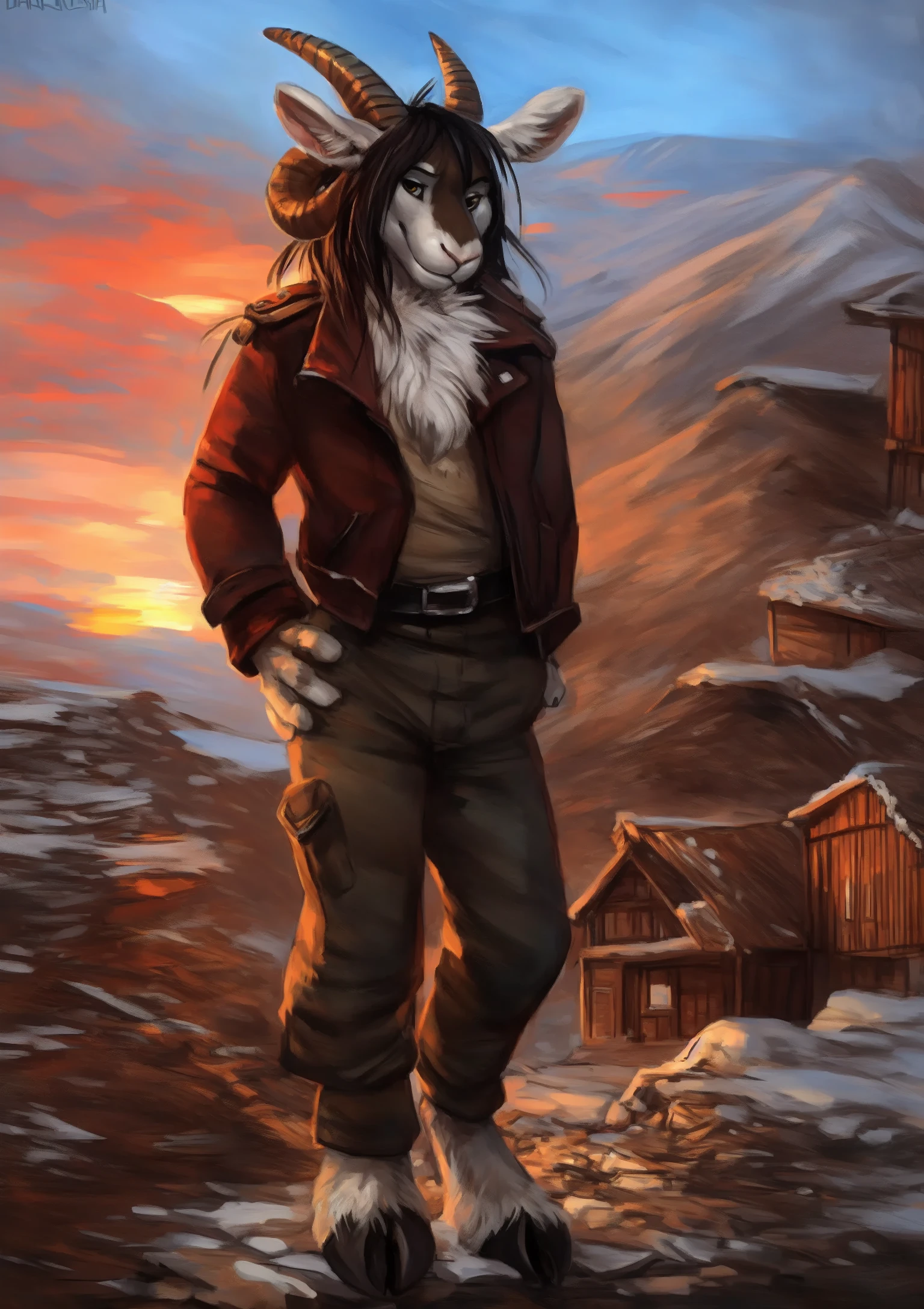 male, solo, anthro, mammal, goat, caprine, (caprine horn), 2 horns, horizontal pupils, cloven hooves,
fully clothed, bottomwear, topwear, pants, jacket, (adventurer), hand on hip,
fur, fluffy, tuft, chest tuft, long hair, neck tuft, inner ear fluff, digitigrade,
standing, front view, looking at viewer,
(detailed background), outside, rock, sunbeam, snowy peaks, sunrise, (village:1.3),
by kenket, by darkgem, by miosha,
fully clothed, bottomwear, topwear, pants, jacket, (adventurer), hand on hip,
fur, fluffy, tuft, chest tuft, long hair, neck tuft, inner ear fluff, digitigrade,
standing, front view, looking at viewer,
(detailed background), outside, rock, sunbeam, snowy peaks, sunrise, (village:1.3),
by kenket, by darkgem, by miosha,
