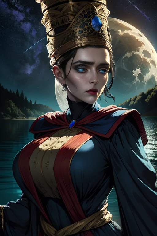 Rennala,short black hair,blue eyes, upper body, sad expression, cowboy shot, large breasts,
ReDres,jewelry, tight blue robe,long crown,long sleeves,
wide sleeves,
tall woman,
lake,moon close-up,nighttime,stars,
dark dungeon,(insanely detailed, beautiful detailed face, masterpiece, detailed eyes, best quality),realistic, <lora:Rennala-10:0.8>