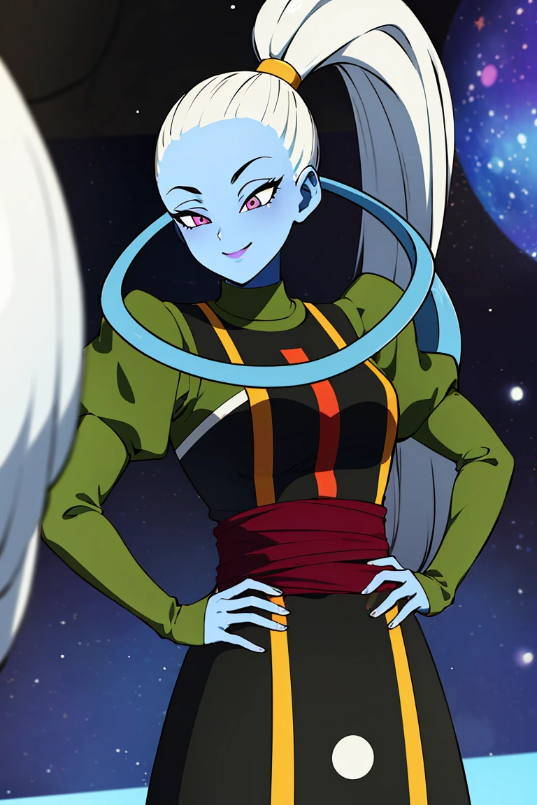((masterpiece,best quality)), absurdres,
<lora:Vados_DB:0.8>, Vados_DB, solo, ponytail, blue skin, smile, hand on hip,
stars and space in background, cinematic composition,