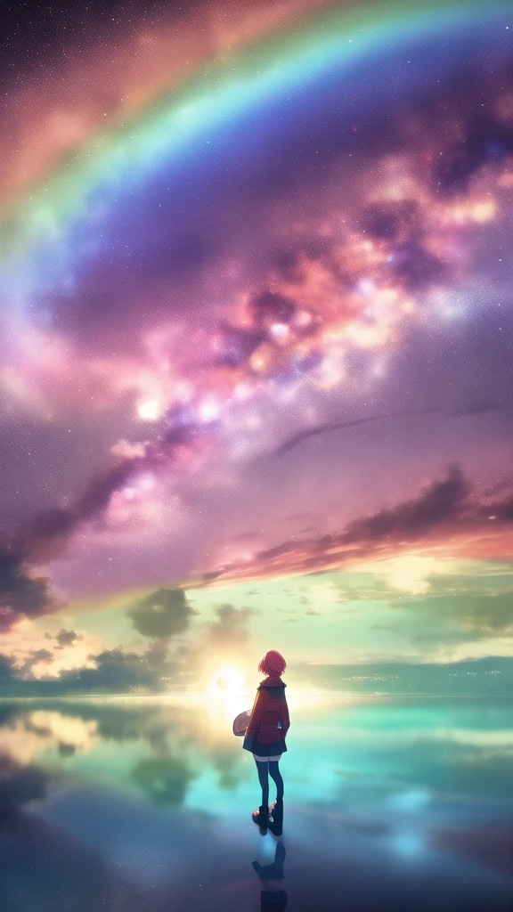 <lora:YuumeiArt:0.8>, yuumei, high quality, high resolution, extreme detail, masterpiece, one girl, rainbow colored hair, standing in a lake