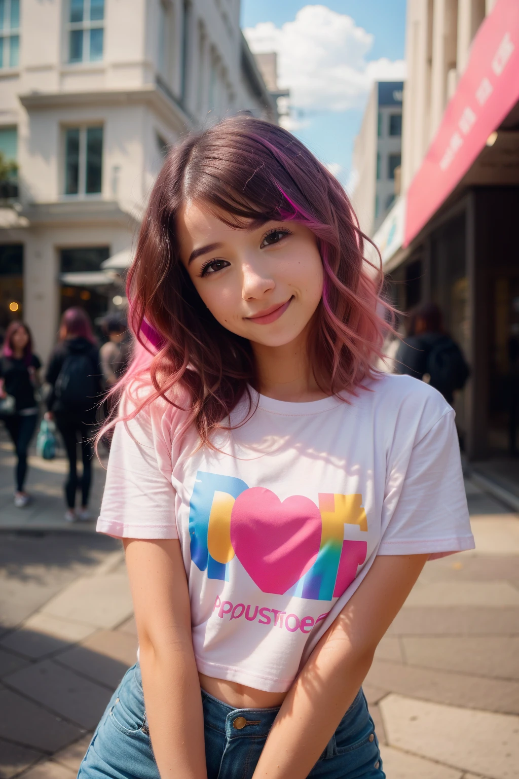 <lora:more_details:0.3>, solo, very detailed, detailed face, pokidiffusion, picture of a beautiful girl with pink hair wearing colorfull t-shirt, soft smile, outside in a common place, upper body