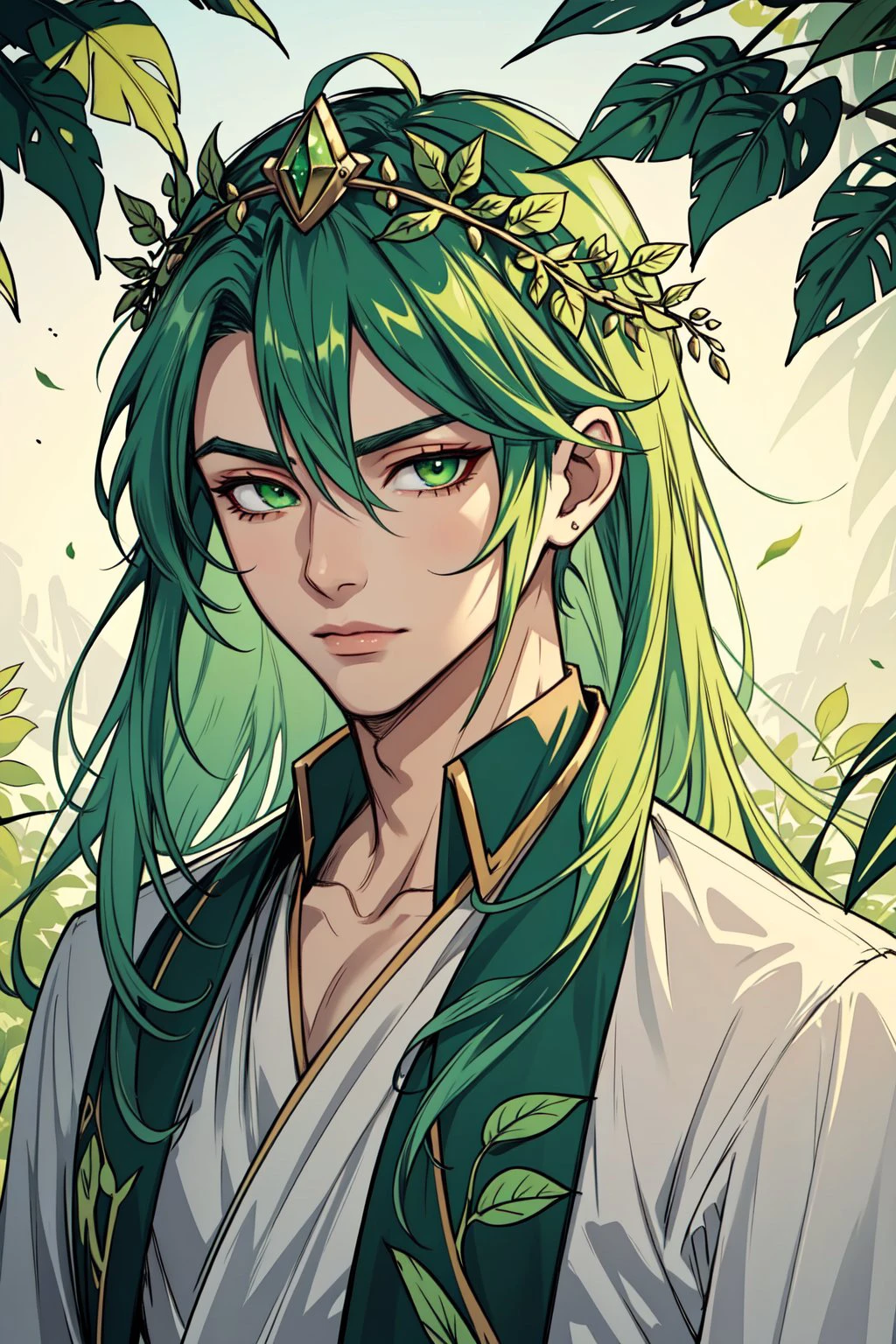 portrait, solo, upper body, looking at viewer, detailed background, detailed face, 1boy, (masculine:1.0) nymph, ethereal, nature-inspired, almond-shaped face shape, emerald eye color, cascading green hair, leafy attire, floral crown, serene expression, mystical feeling of the image.
