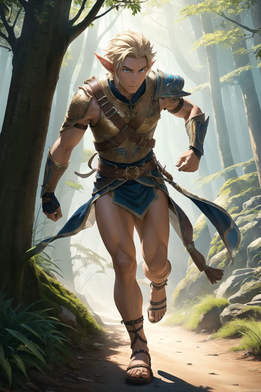 (full body:1.6) of an boy tanned high-elf wizard,tousled braided short hair,donned in masterfully crafted leather harness with porcelain ornamentation,(scared running pose:1),bright natural lighting,vibrant colors,(foreground has exotic insects),(background is a well-lit grove:1.3),BREAK (masterpiece:1.2),(inked original-art:1.2),(lineart:1.31),(fine-details:1.3),(high-resolution, ray-tracing, accurate anatomy, flawless, depth of field) glowing blue eyes,beautiful eyes,BREAK,lineart,rpg,delicate dog collar,cutout breastplate,light gauntlets,slave sandals,light shoulder pauldron, realistic, oc rendering, unreal engine, 8k wallpaper, official art, <lora:add_detail:1>