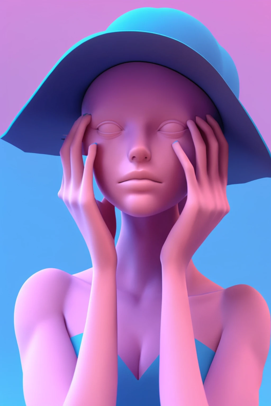 a woman with a pink hat and a pink dress , a woman with blue hands covering her face, 3d render, c4d