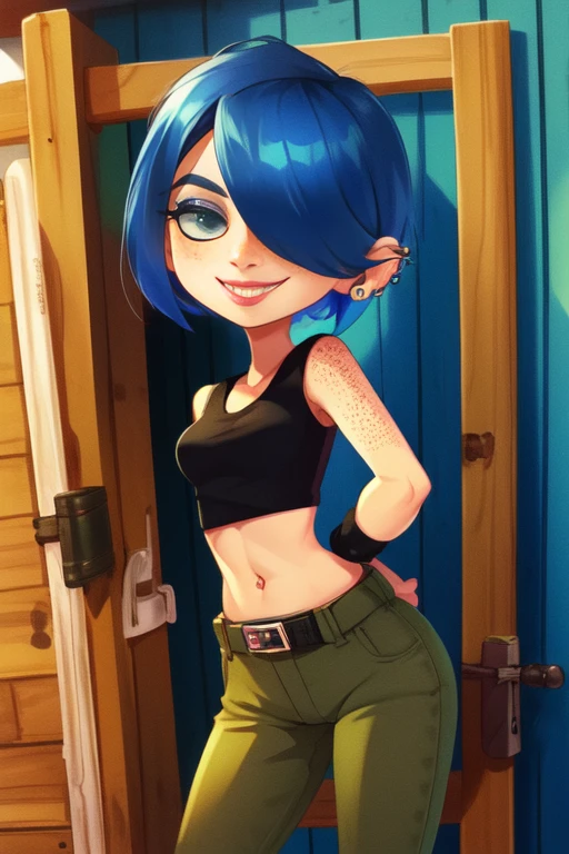 MarieK,short blue hair,ear piercing,hair over one eye,freckles,black eyes,makeup,standing,hand sin pockets,smiling,
MarieAtt,green pants,black shirt,black wristbands,midriff,belt,
picket fence,morning,cartoon,
(insanely detailed, beautiful detailed face, masterpiece, detailed eyes, best quality)     <lora:Mariekanker:0.8>,