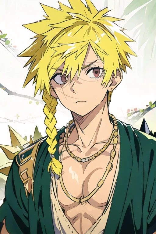 masterpiece, best quality, high quality, 1boy, solo, male focus, looking at viewer, upper body, <lora:choubei_aza:0.66>, choubei_aza, blonde hair, spiked hair, braid, jewelry, ,