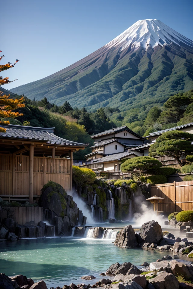 landscape, japan hot onsen, fuji mountain, detail, realistic, ((masterpiece)), hot steam, <lora:ARWJapanOnsen:1>