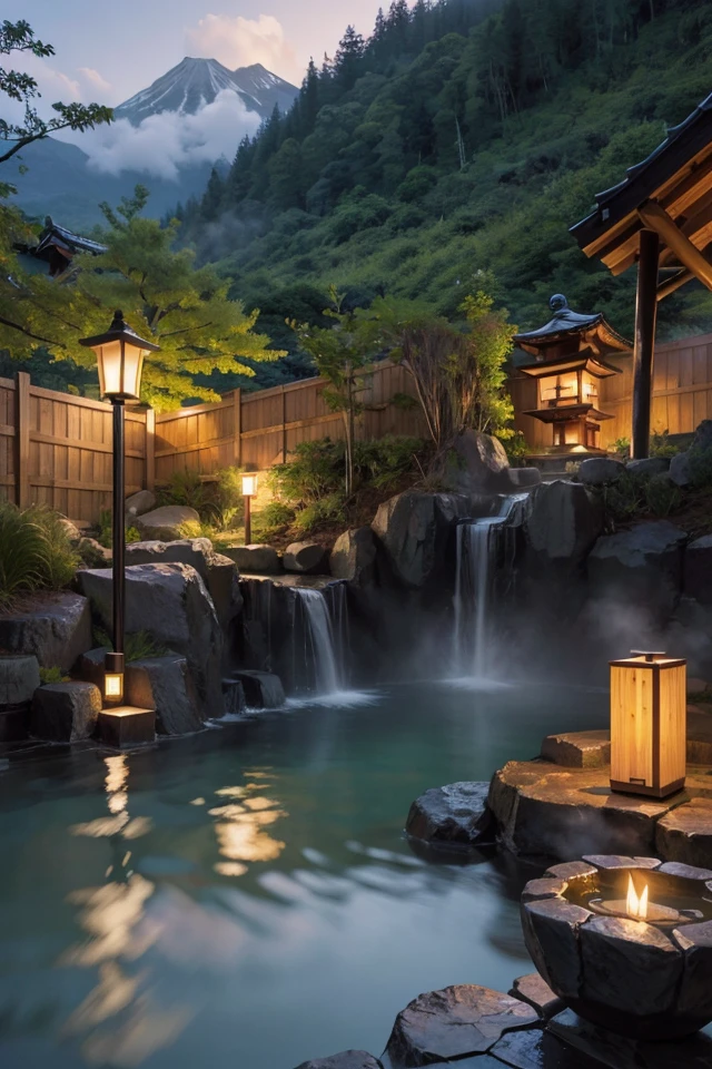 landscape, japan traditional hot onsen, dawn, dim light, detail, realistic, ((masterpiece)), hot steam, wooden bucket, forest, bamboo, <lora:ARWJapanOnsen:1>