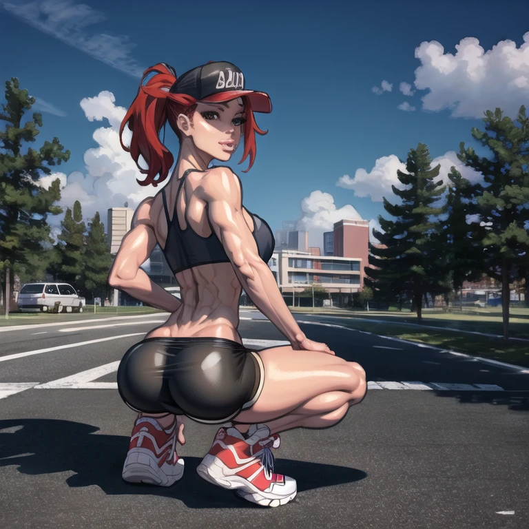 (masterpiece, best quality), thepit, 1girl, solo, ass, red ponytail, sport bra, black shorts, sneakers, squatting, looking back, looking at viewer, <lora:thepit-10_v2:0.9>