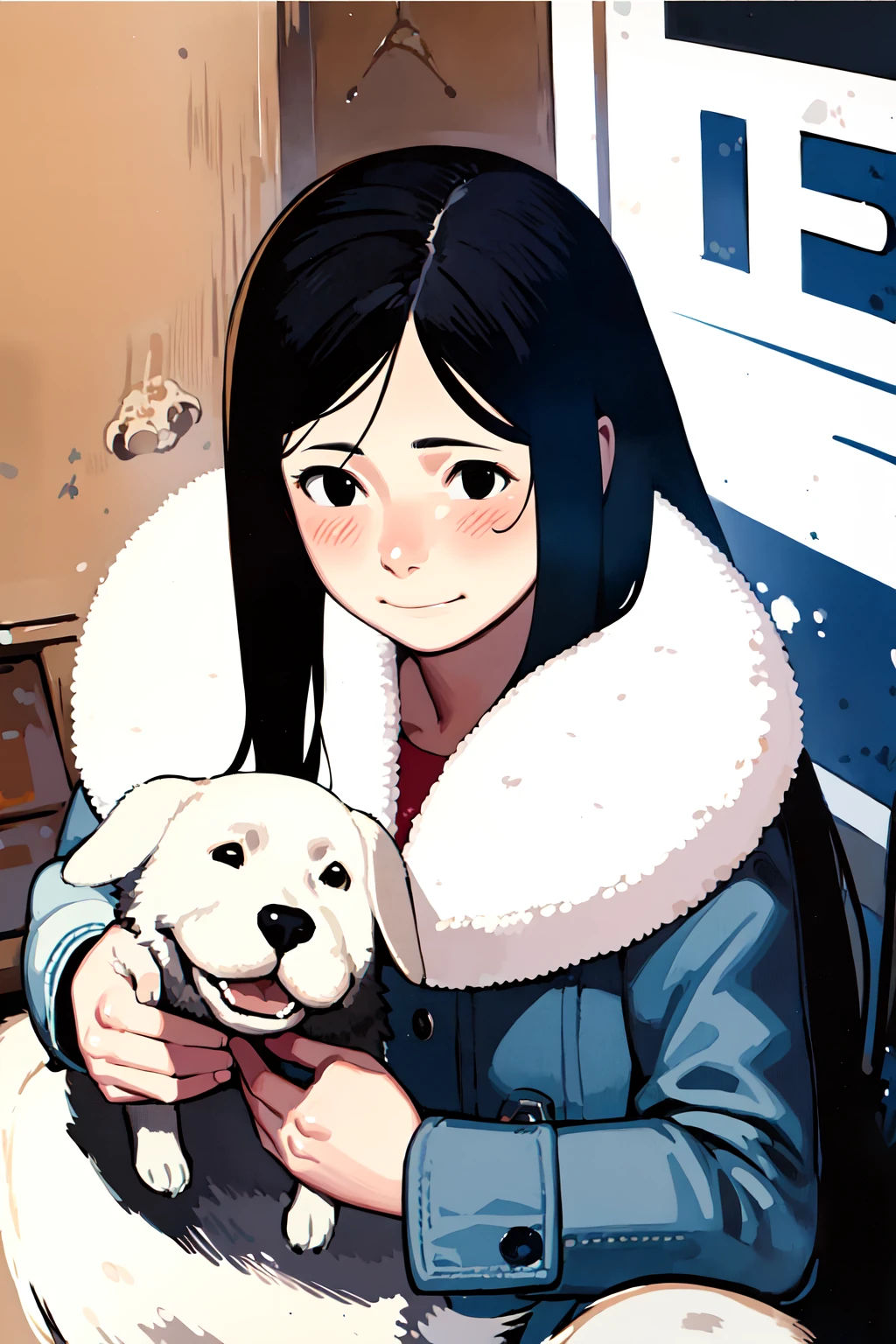 ((masterpiece, high quality, best quality)),
1girl, dog, black hair, smile, blush, coat, animal, looking at another, long hair, white hair, black eyes,
<lora:takamichi-style_v1.0:1.0>