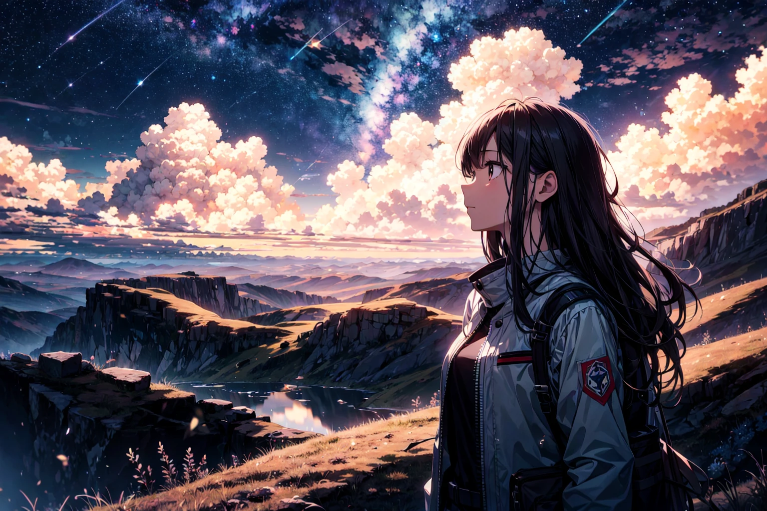 absurdres, highres, dynamic angle, close view,
1girl, shining sky, vast world, gazing, awe-inspiring expression, distant horizon, clouds, high hill, natural beauty, inspiration, night sky, Shining Stars,