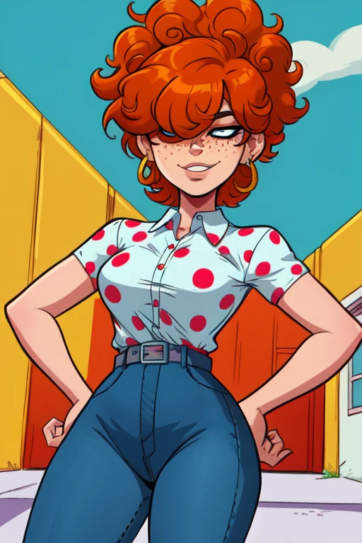 LeeK, curly orange hair, freckles, hair over both eyes:1.2, standing, cowboy shot, hands on hips, smug expression, solo, covered eyes,
LeeATT, denim pants, white shoes, earrings, polka dot shirt, belt , white shirt,
picket fence,morning cartoon,
(insanely detailed, beautiful detailed face, masterpiece, detailed eyes, best quality) <lora:LeeKanker:0.8>