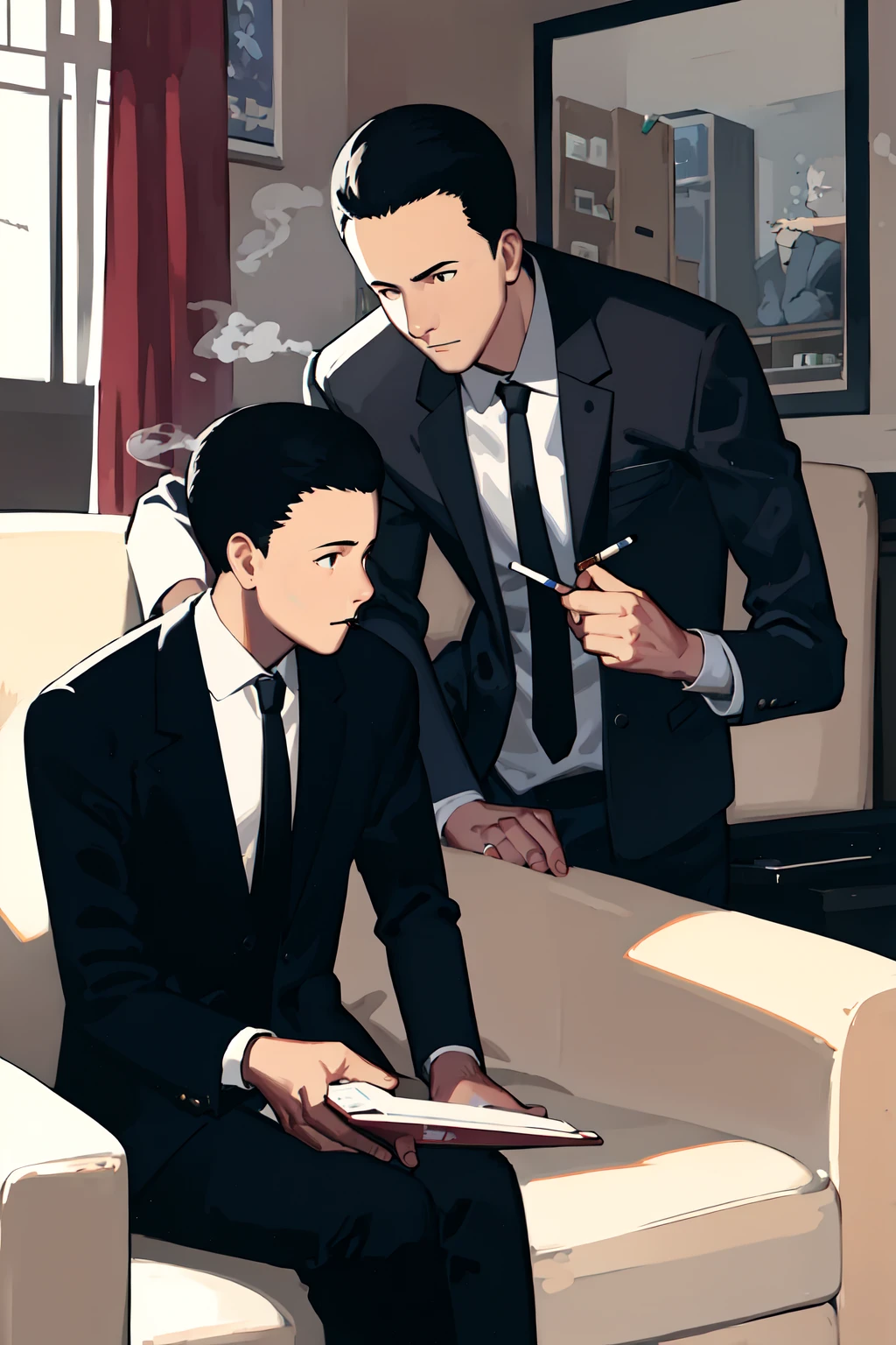 ((masterpiece, high quality, best quality)),
cigarette, 2boys, smoking, necktie, male focus, sitting, formal, jacket, black hair, dark, suit, black hair, short hair, couch, indoors, night, looking,
<lora:takamichi-style_v1.0:1.0>