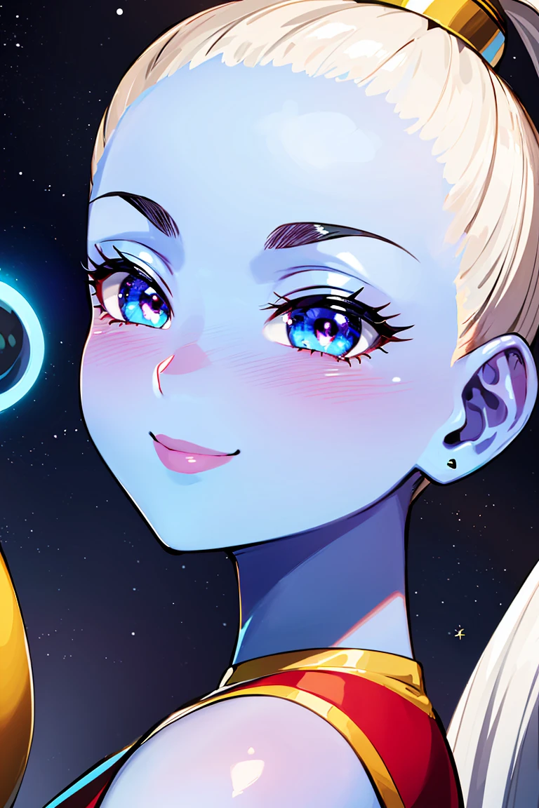((masterpiece,best quality)), absurdres,
<lora:Vados_DB:0.6>, Vados_DB, solo, ponytail, blue skin, blushing, smiling, detailed eyes, up close,
space in background, cinematic composition,