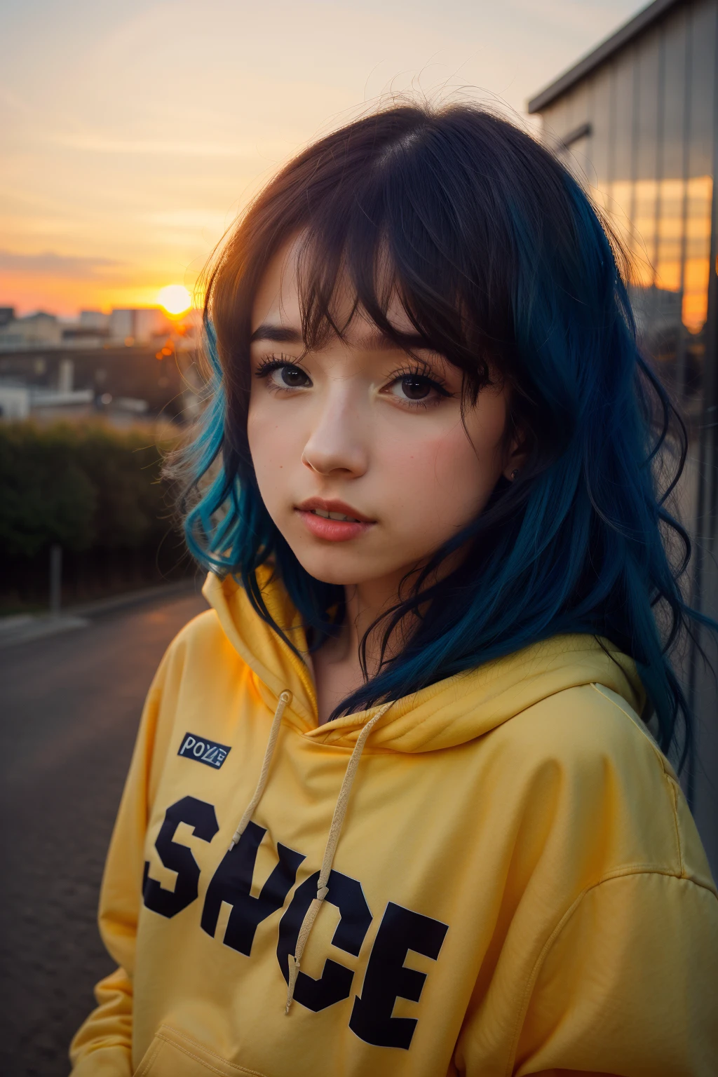 <lora:more_details:0.3>, solo, very detailed, detailed face, pokidiffusion, picture of a beautiful girl with long messy (blue hair) wearing yellow hoodie with text on it, laughting, outside in a common place, sunset, orange sky, detailed shadowing and lighting