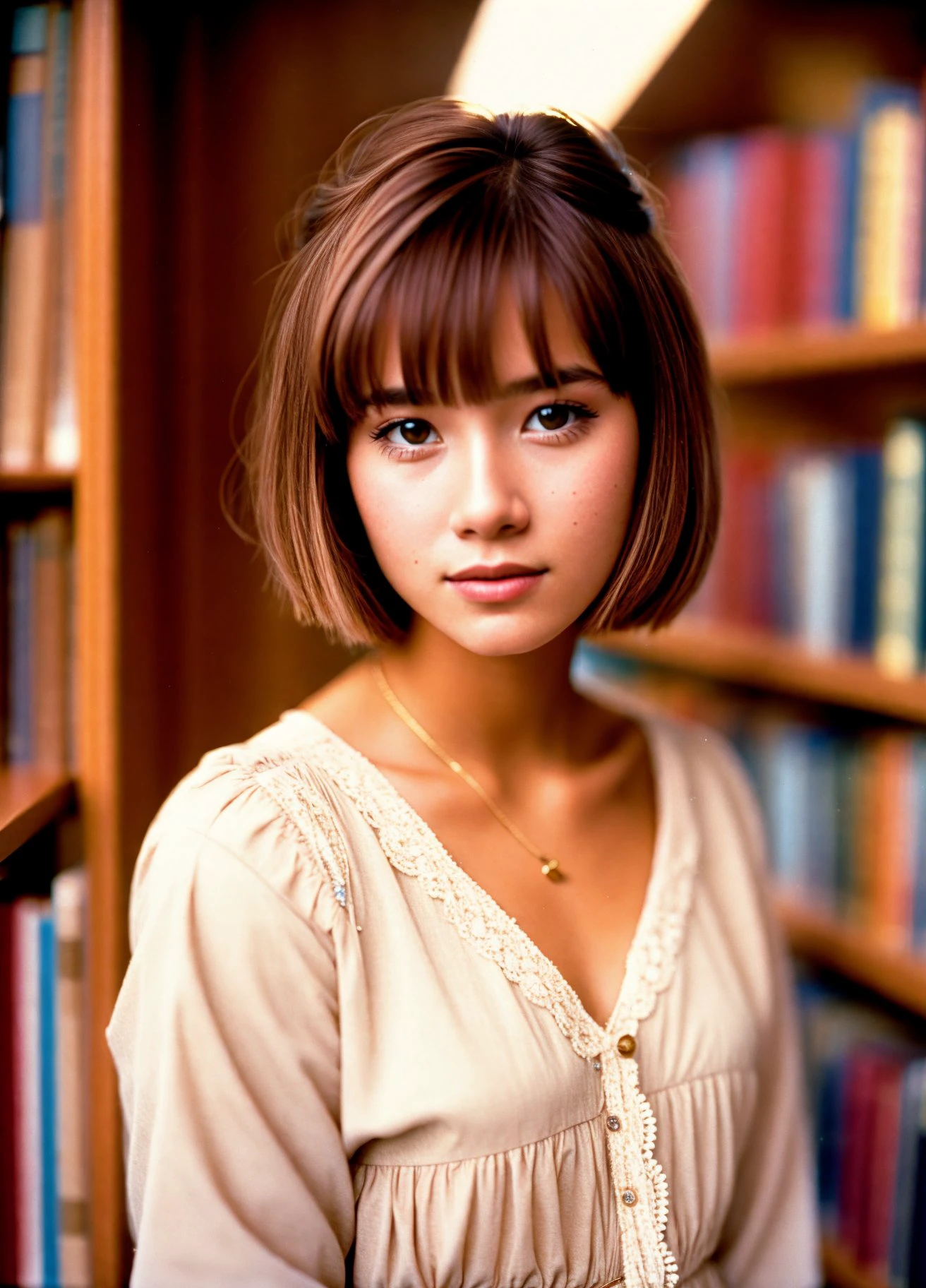 1990'S young_woman, Starlight, Canon eos 5d mark 4, library, epic, bob hairstyle, Indirect light, Kodak portra 800