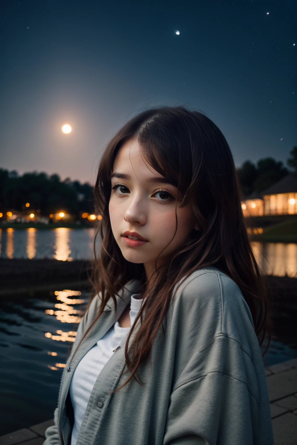 <lora:more_details:0.3>, solo, very detailed, detailed face, pokidiffusion, picture of a beautiful girl with long messy hair wearing colored casual clothes, outside in a common place, moonlight, starry sky, detailed shadowing and lighting, just above the lake, reflection