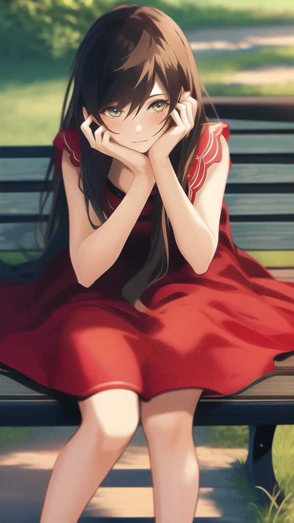 <lora:YuumeiArt:0.8>, yuumei, high quality, high resolution, extreme detail, masterpiece, one girl sitting on a bench, blonde, long hair, red dress, cute, blushed face, high quality eyes
