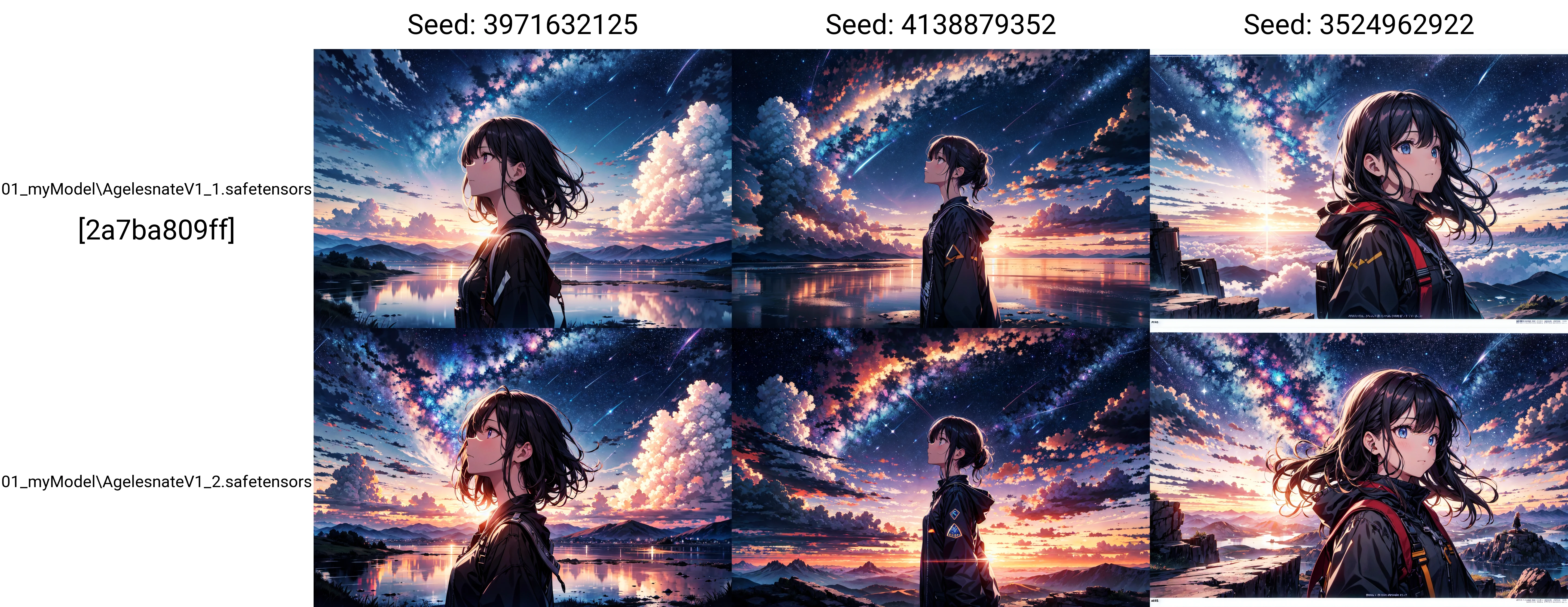 absurdres, highres, (official art, beautiful and aesthetic:1.2), close view,
1girl, shining sky, vast world, gazing, awe-inspiring expression, distant horizon, clouds, high hill, natural beauty, inspiration, night sky, Shining Stars,