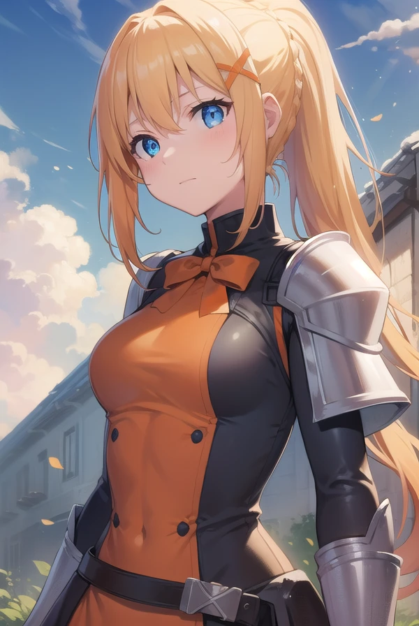 konosubadarkness, <lora:darknesstest:1>,
darkness, blue eyes, braid, french braid, hair between eyes, hair ornament, long hair, yellow hair, ponytail, sidelocks, x hair ornament,
BREAK armor, armored dress, black bodysuit, black gloves, bodysuit, bow, bowtie, covered navel, faulds, gloves, pauldrons, red bow, red bowtie, shoulder armor, sidelocks, (white armor:1.5), breastplate, (orange dress:1.5),
BREAK looking at viewer,
BREAK outdoors, forest, grass, sun, clouds,
BREAK <lora:GoodHands-vanilla:1>, (masterpiece:1.2), best quality, high resolution, unity 8k wallpaper, (illustration:0.8), (beautiful detailed eyes:1.6), extremely detailed face, perfect lighting, extremely detailed CG, (perfect hands, perfect anatomy),