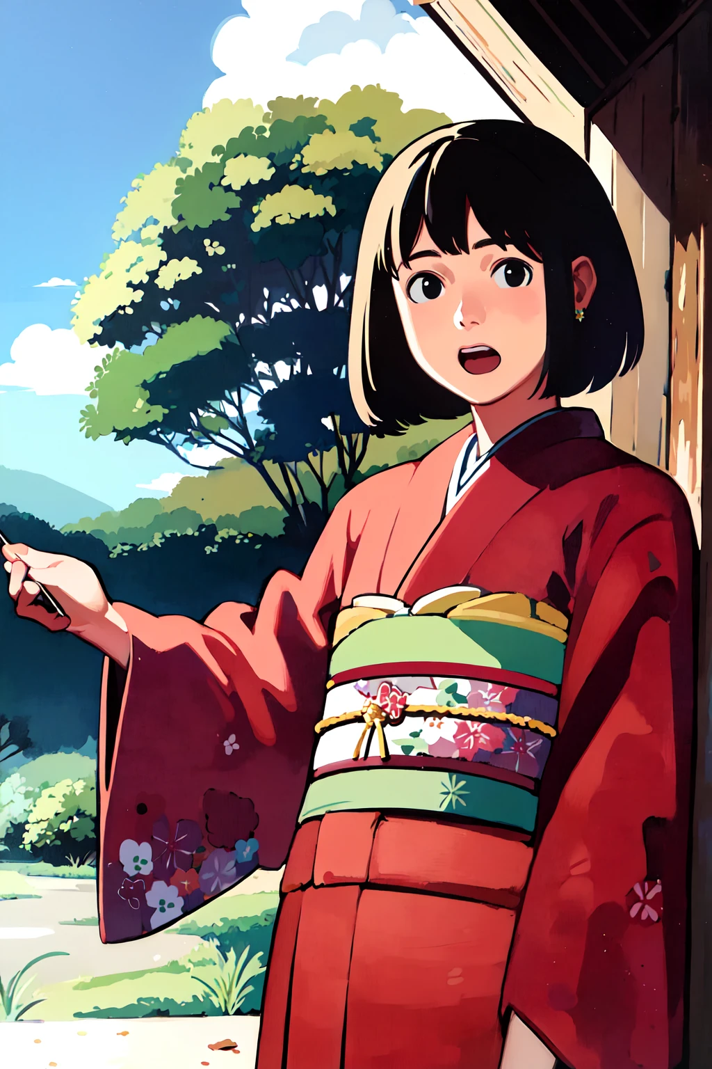 ((masterpiece, high quality, best quality)),
1girl, red kimono, black hair, day, black eyes, sky, sash, hair ornament, obi, tree, open mouth, looking at viewer, cloud, outdoors,
<lora:takamichi-style_v1.0:1.0>
