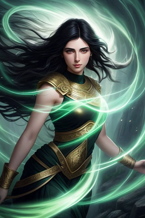 mage, black hair, heavenly luminescence, roman, skin pores, green eyes, medium shot, dynamic pose, highly detailed, volumetric lighting, fantasy, Concept Art, psychic energy, Greek aesthetic, light fog, flowing hair, flowing energy, purity, dynamic background, depth of field