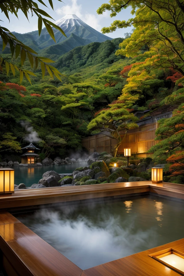 landscape, japan traditional hot onsen, dawn, dim light, detail, realistic, ((masterpiece)), hot steam, wooden bucket, forest, bamboo, <lora:ARWJapanOnsen:1>