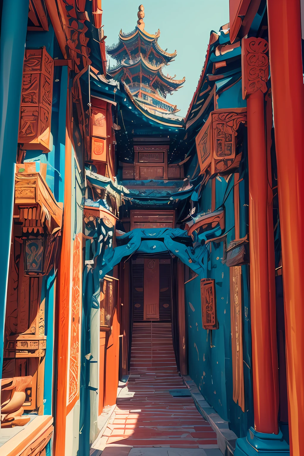 Abstract, 8K, photo shot from front, mid-body portrait, highly-detailed, (flat color:1.1),(colorful:1.3),(masterpiece:1.2), best quality, masterpiece, original, extremely detailed wallpaper, looking at viewer,
oriental city,eastern architecture,a lot of details,mysterious expression, in a modern and abstract setting, with bold and colorful abstract art, blurred background, bright lighting,