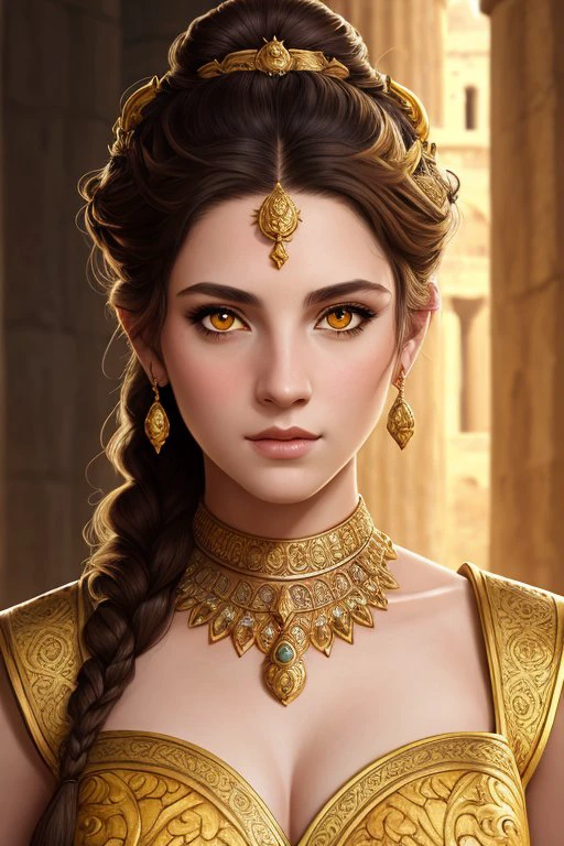 roman, wearing a peplos, female, full shot, realistic_skin, highly detailed, skin pores, brunette, yellow eyes, volumetric lighting, crown braid