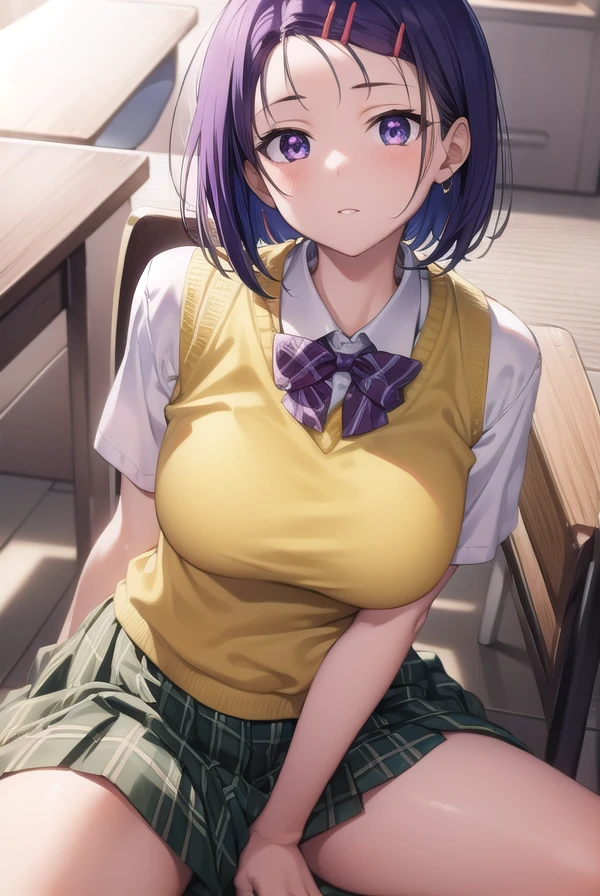 harunasairenji, <lora:harunasairenjitest:1>,
haruna sairenji, hair ornament, hairclip, (purple eyes:1.1), purple hair, short hair, swept bangs, forehead,
BREAK green skirt, plaid, plaid skirt, sainan high school uniform, school uniform, skirt, sweater vest, (yellow sweater:1.3), short sleeves,,
BREAK looking at viewer,
BREAK indoors, classroom,
BREAK <lora:GoodHands-vanilla:1>, (masterpiece:1.2), best quality, high resolution, unity 8k wallpaper, (illustration:0.8), (beautiful detailed eyes:1.6), extremely detailed face, perfect lighting, extremely detailed CG, (perfect hands, perfect anatomy),