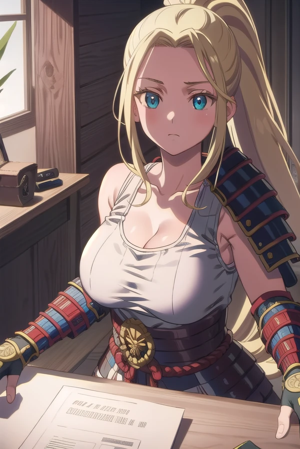 beatrixamerhauser, <lora:beatrixamerhausertest:1>,
beatrix amerhauser, long hair, blue eyes, blonde hair, gloves, ponytail, (medium breast:1.2),
BREAK gloves, fingerless gloves, armor, japanese armor, tank top, white tank top, cleavage, collarbone,
BREAK looking at viewer,
BREAK outdoors,
BREAK <lora:GoodHands-vanilla:1>, (masterpiece:1.2), best quality, high resolution, unity 8k wallpaper, (illustration:0.8), (beautiful detailed eyes:1.6), extremely detailed face, perfect lighting, extremely detailed CG, (perfect hands, perfect anatomy),