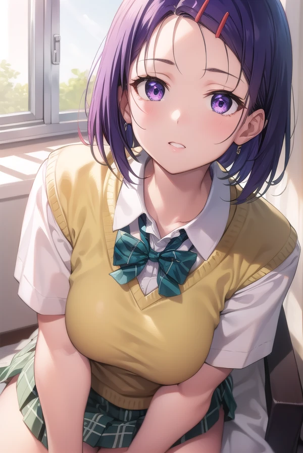 harunasairenji, <lora:harunasairenjitest:1>,
haruna sairenji, hair ornament, hairclip, (purple eyes:1.1), purple hair, short hair, swept bangs, forehead,
BREAK green skirt, plaid, plaid skirt, sainan high school uniform, school uniform, skirt, sweater vest, (yellow sweater:1.3), short sleeves,,
BREAK looking at viewer,
BREAK indoors, classroom,
BREAK <lora:GoodHands-vanilla:1>, (masterpiece:1.2), best quality, high resolution, unity 8k wallpaper, (illustration:0.8), (beautiful detailed eyes:1.6), extremely detailed face, perfect lighting, extremely detailed CG, (perfect hands, perfect anatomy),