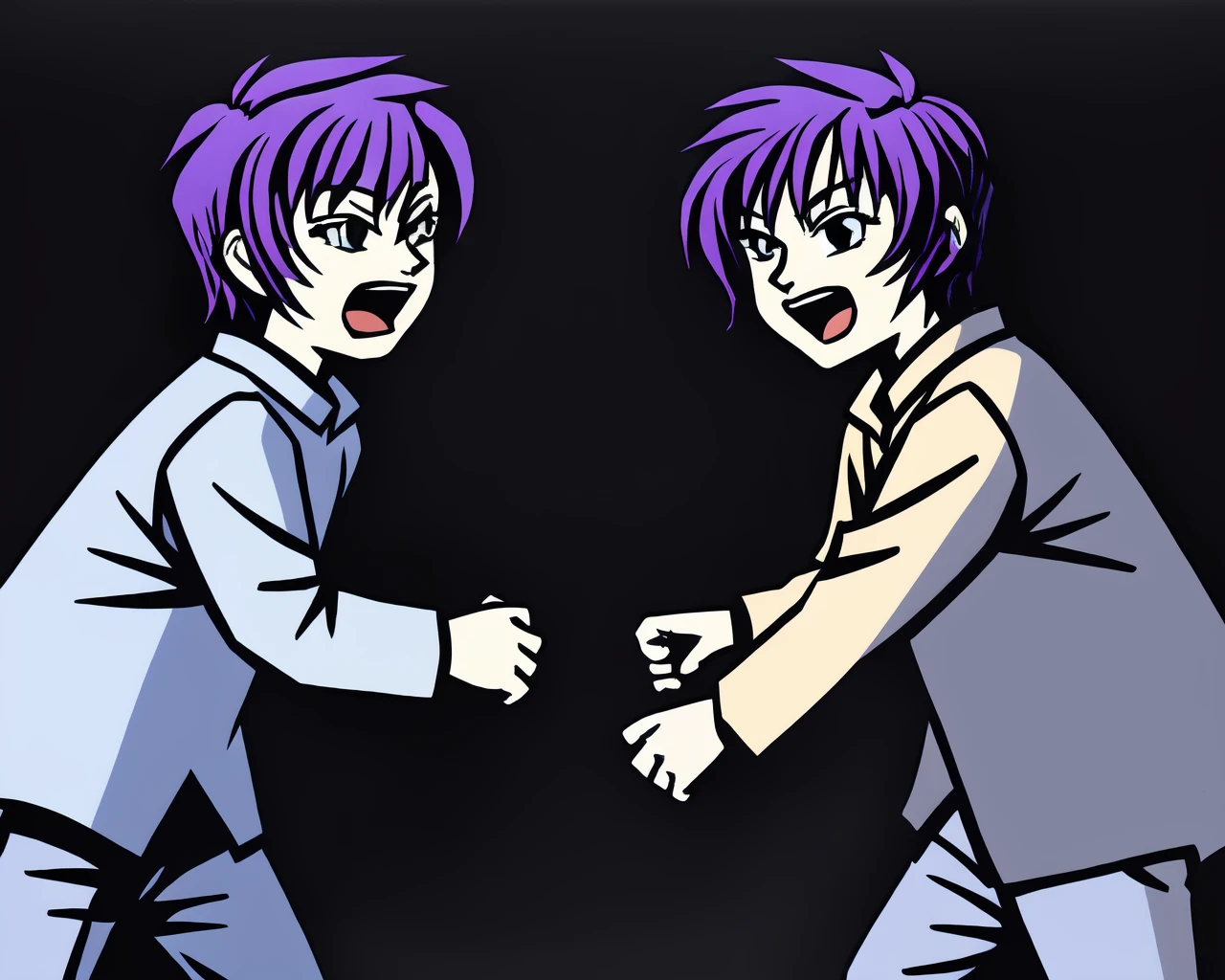 <lora:stencil_v1:0.7>, black_background, white_line, blue light, blue tone, 2boys, smile, red castle, short hair, open mouth, simple background, shirt, black hair, long sleeves, smile, two-tone background, star, night, (battle with wolf:1), (purple hair:1.1)