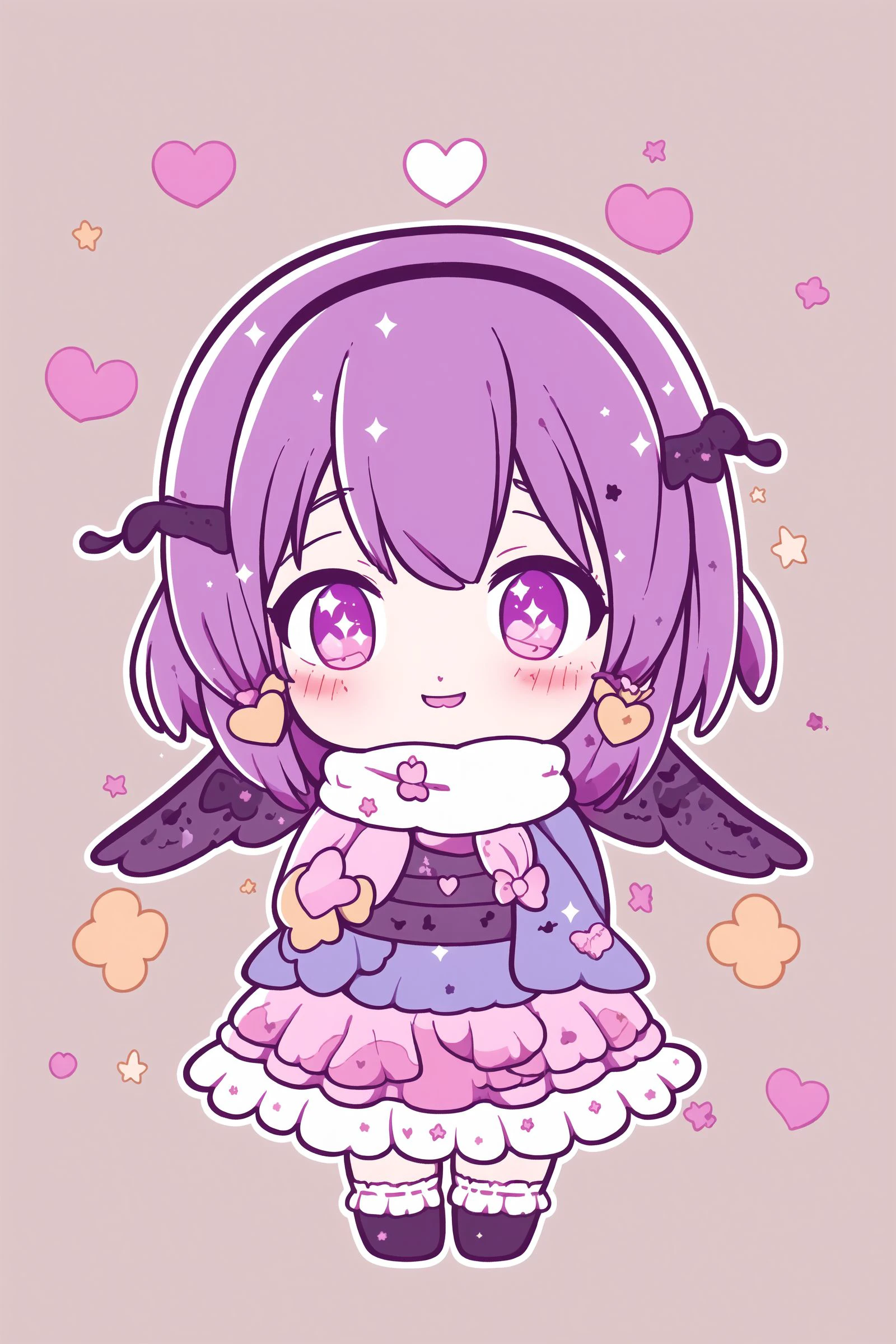 1girl,masterpiece,chibi, commentary request, gaff, gradient hairband, heart, komeiji satoriouheiha happy halloween, looking at viewer another, multicolored clothes, purple eyes, scarf, short hair, smile focus, solo, sparkle earrings, touhou, translatedimono yukikimi miyabiusu ga meikyuu vocaloid, wings visible through fingers, yellow background, zakurozaki-san wa mob ni tenshi ga nai wo omoitantei kekei, zipperippers, pink skirt, ribbon trim andere yuki popura, simple background byeoon izuku, skirt, socks, symbol-only commentary