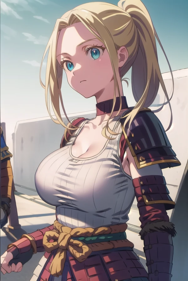 beatrixamerhauser, <lora:beatrixamerhausertest:1>,
beatrix amerhauser, long hair, blue eyes, blonde hair, gloves, ponytail, (medium breast:1.2),
BREAK gloves, fingerless gloves, armor, japanese armor, tank top, white tank top, cleavage, collarbone,
BREAK looking at viewer,
BREAK outdoors,
BREAK <lora:GoodHands-vanilla:1>, (masterpiece:1.2), best quality, high resolution, unity 8k wallpaper, (illustration:0.8), (beautiful detailed eyes:1.6), extremely detailed face, perfect lighting, extremely detailed CG, (perfect hands, perfect anatomy),