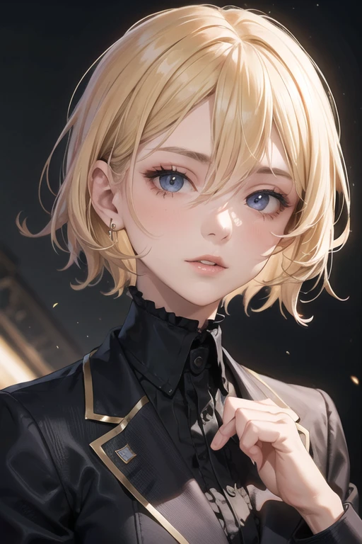 portrait of european girl,solo,20yo,beautiful face,uppser body,hair over one eye,medium sidecut, blonde hair, sharp focus,black business suit