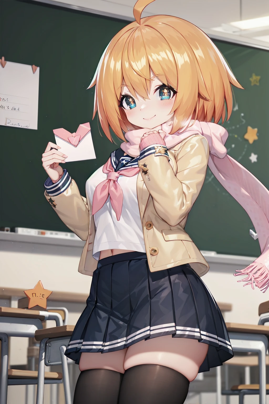 absurdres, school, classroom, 
standing, holding love letter, smile
tkle, orange hair, star-shaped pupils, serafuku, sailor collar, long sleeves, pale pink jacket, pink scarf, yellow neckerchief, blue skirt, pleated skirt, black thighhighs, rofar, zettai ryouiki, 
<lyco:uchihime-twinkle-t2:0.7>