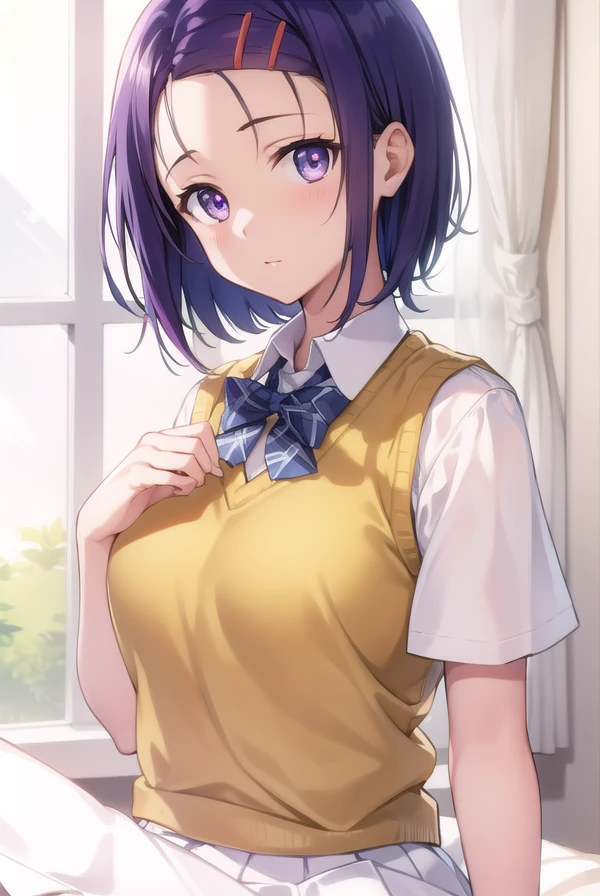 harunasairenji, <lora:harunasairenjitest:1>,
haruna sairenji, hair ornament, hairclip, (purple eyes:1.1), purple hair, short hair, swept bangs, (forehead:1.2),
BREAK green skirt, plaid, plaid skirt, sainan high school uniform, school uniform, skirt, sweater vest, (yellow sweater:1.3), short sleeves,,
BREAK looking at viewer,
BREAK indoors, classroom,
BREAK <lora:GoodHands-vanilla:1>, (masterpiece:1.2), best quality, high resolution, unity 8k wallpaper, (illustration:0.8), (beautiful detailed eyes:1.6), extremely detailed face, perfect lighting, extremely detailed CG, (perfect hands, perfect anatomy),