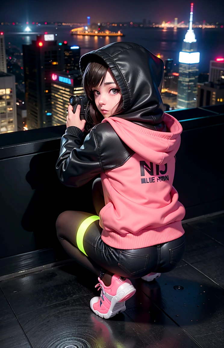 1girl, spy, taking a photo with a dslr camera, neon, oversized hoodie, hood up, from behind, crouched, high atop the city, skyscraper rooftop, night