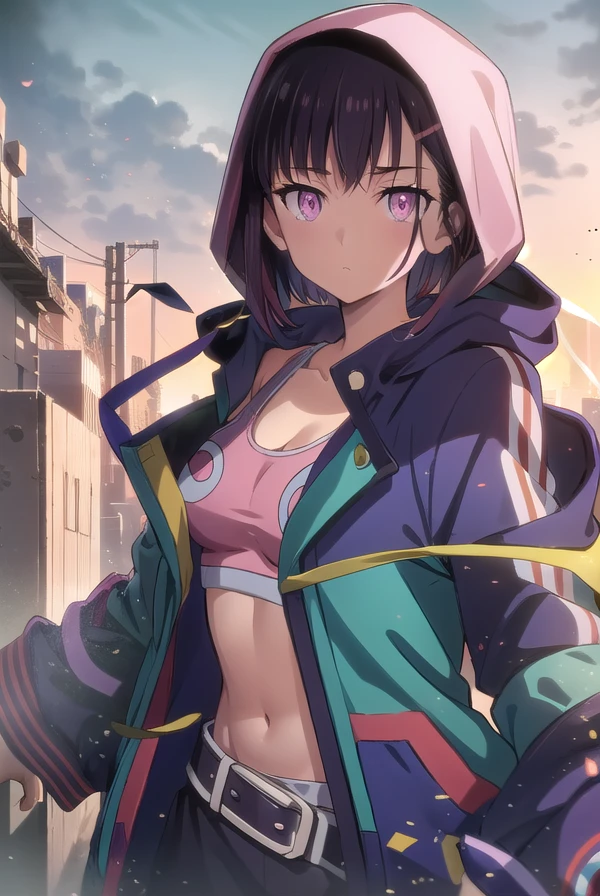 shizukamikazuki, <lora:shizukamikazukitest:1>,
shizuka mikazuki, short hair, purple hair, hair ornament, hairclip, (pink eyes:1.5), swept bangs, (small breast:1.2),
BREAK navel, cleavage, jacket, open clothes, midriff, hood, open jacket, blue jacket, hooded jacket, sports bra, hood down,
BREAK looking at viewer,
BREAK outdoors,
BREAK <lora:GoodHands-vanilla:1>, (masterpiece:1.2), best quality, high resolution, unity 8k wallpaper, (illustration:0.8), (beautiful detailed eyes:1.6), extremely detailed face, perfect lighting, extremely detailed CG, (perfect hands, perfect anatomy),