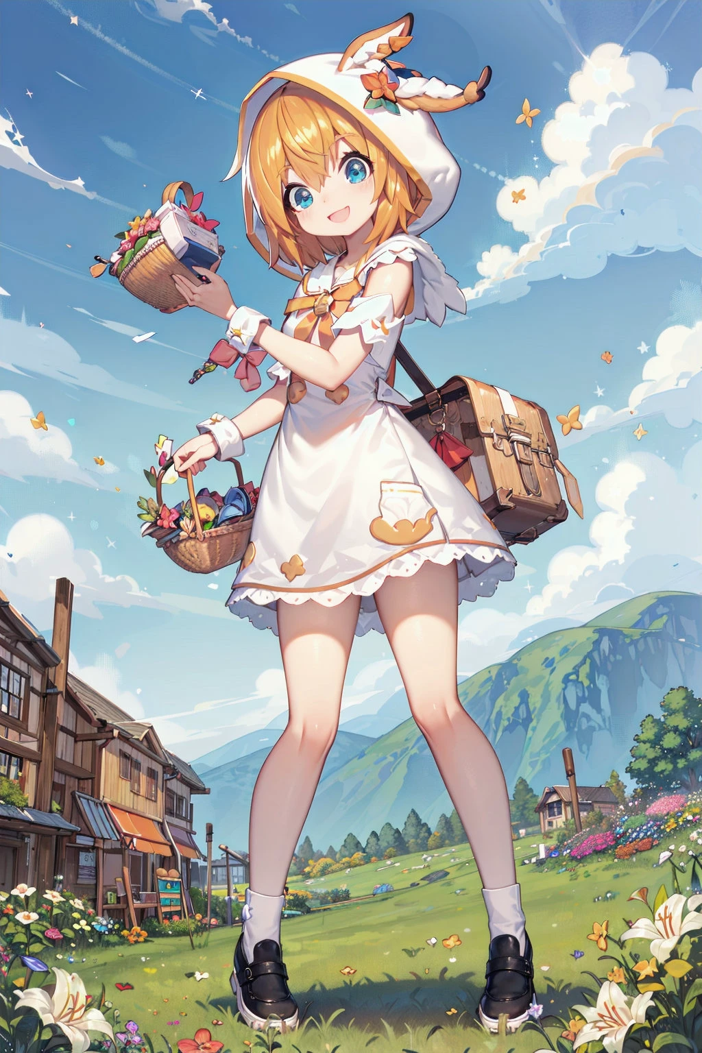 masterpiece, absurdres, highland, mountain, sky, flower garden, lily \(flower\), wind, full body, landscape
standing, holding lunchbox, basket, smile, action
tkle, hood, quilted clothes, orange hair<lyco:uchihime-twinkle-t3:0.7>