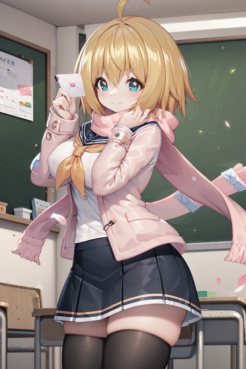 absurdres, school, classroom,
standing, holding love letter, smile
tkle, orange hair, star-shaped pupils, serafuku, sailor collar, long sleeves, pale pink jacket, pink scarf, yellow neckerchief, blue skirt, pleated skirt, black thighhighs, rofar, zettai ryouiki,
<lyco:uchihime-twinkle-t3:0.7>
