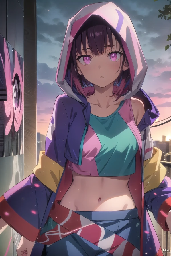shizukamikazuki, <lora:shizukamikazukitest:0.8>,
shizuka mikazuki, short hair, purple hair, hair ornament, hairclip, (pink eyes:1.5), swept bangs, (small breast:1.2),
BREAK navel, cleavage, jacket, open clothes, midriff, hood, open jacket, blue jacket, hooded jacket, sports bra,  (hood down,
BREAK looking at viewer,
BREAK outdoors,
BREAK <lora:GoodHands-vanilla:1>, (masterpiece:1.2), best quality, high resolution, unity 8k wallpaper, (illustration:0.8), (beautiful detailed eyes:1.6), extremely detailed face, perfect lighting, extremely detailed CG, (perfect hands, perfect anatomy),