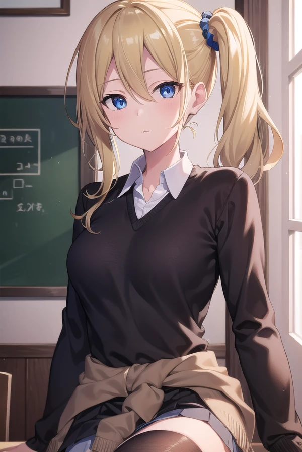 aihayasaka, <lora:aihayasakatest:1>,
ai hayasaka, blonde hair, blue eyes, blue scrunchie, hair between eyes, hair scrunchie, long hair, scrunchie, side ponytail, sidelocks,
BREAK black sweater, blouse, cardigan, cardigan around waist, clothes around waist, collared shirt, dress shirt, long sleeves, school uniform, shirt, shuuchiin academy school uniform, skirt, sweater, white shirt,
BREAK looking at viewer,
BREAK indoors, classroom,
BREAK <lora:GoodHands-vanilla:1>, (masterpiece:1.2), best quality, high resolution, unity 8k wallpaper, (illustration:0.8), (beautiful detailed eyes:1.6), extremely detailed face, perfect lighting, extremely detailed CG, (perfect hands, perfect anatomy),