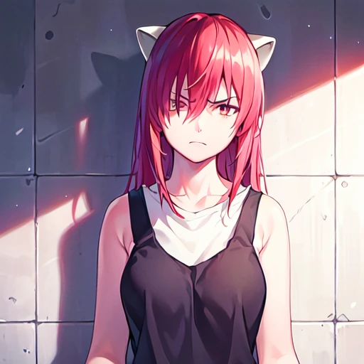 highres,High quality,(Beautiful), ((masterpiece)),vibrant colors,1girl, solo, long hair, horns, red eyes,pink hair, skirt, (portrait), white tanktop, red hair,shadow over eyes, angry scowl, <lora:LucyV1:1>
