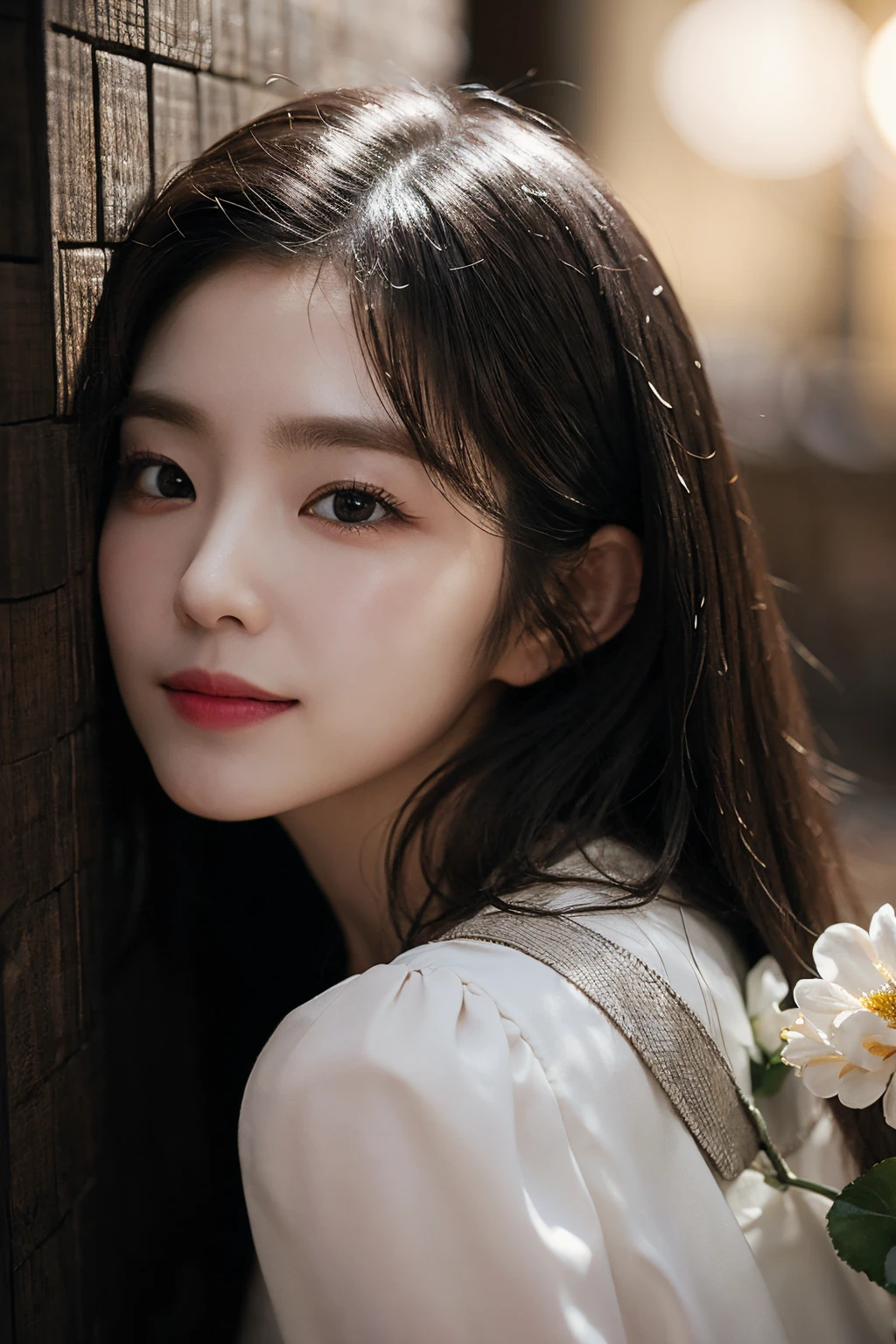 photorealistic:1.4,(flower filed),Poetic lens,obscure light and shadow,aestheticism,brooding,emotional depth,supernatural,1girl,solo,Neck,enchanting elegance, atmospheric depth, naturalistic representations, harmonious composition, parted lips, long straight hair, smile