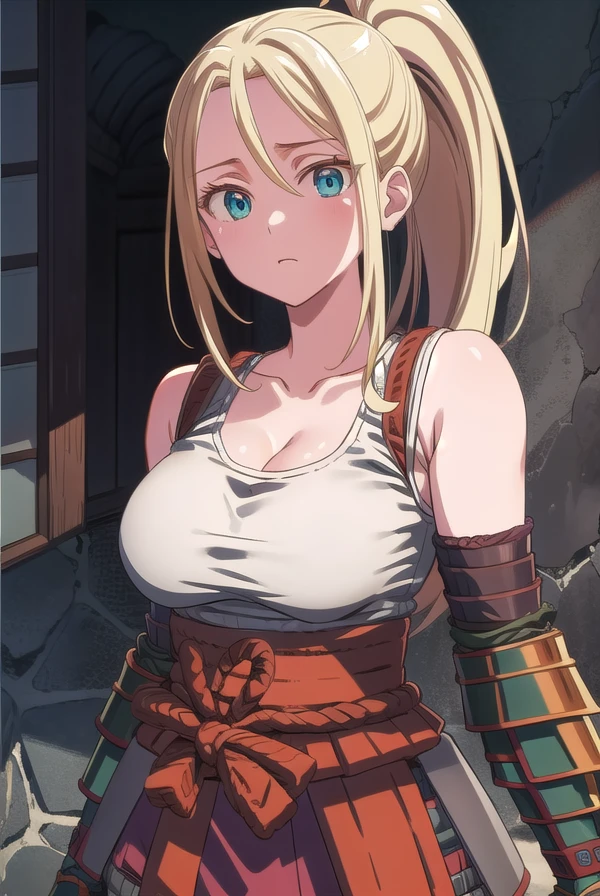 beatrixamerhauser, <lora:beatrixamerhausertest:1>,
beatrix amerhauser, long hair, blue eyes, blonde hair, gloves, ponytail, (medium breast:1.2),
BREAK gloves, fingerless gloves, armor, japanese armor, tank top, white tank top, cleavage, collarbone,
BREAK looking at viewer,
BREAK outdoors,
BREAK <lora:GoodHands-vanilla:1>, (masterpiece:1.2), best quality, high resolution, unity 8k wallpaper, (illustration:0.8), (beautiful detailed eyes:1.6), extremely detailed face, perfect lighting, extremely detailed CG, (perfect hands, perfect anatomy),