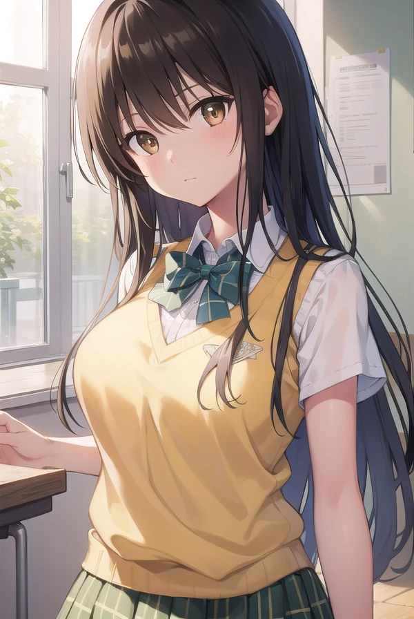 kotegawayui, <lora:yuikotegawatest:1>,
yui kotegawa, black hair, (brown eyes:1.5), long hair,
BREAK green skirt, plaid, plaid skirt, sainan high school uniform, school uniform, skirt, sweater vest, (yellow sweater:1.3), short sleeves,
BREAK looking at viewer,
BREAK indoors, classroom,
BREAK <lora:GoodHands-vanilla:1>, (masterpiece:1.2), best quality, high resolution, unity 8k wallpaper, (illustration:0.8), (beautiful detailed eyes:1.6), extremely detailed face, perfect lighting, extremely detailed CG, (perfect hands, perfect anatomy),
