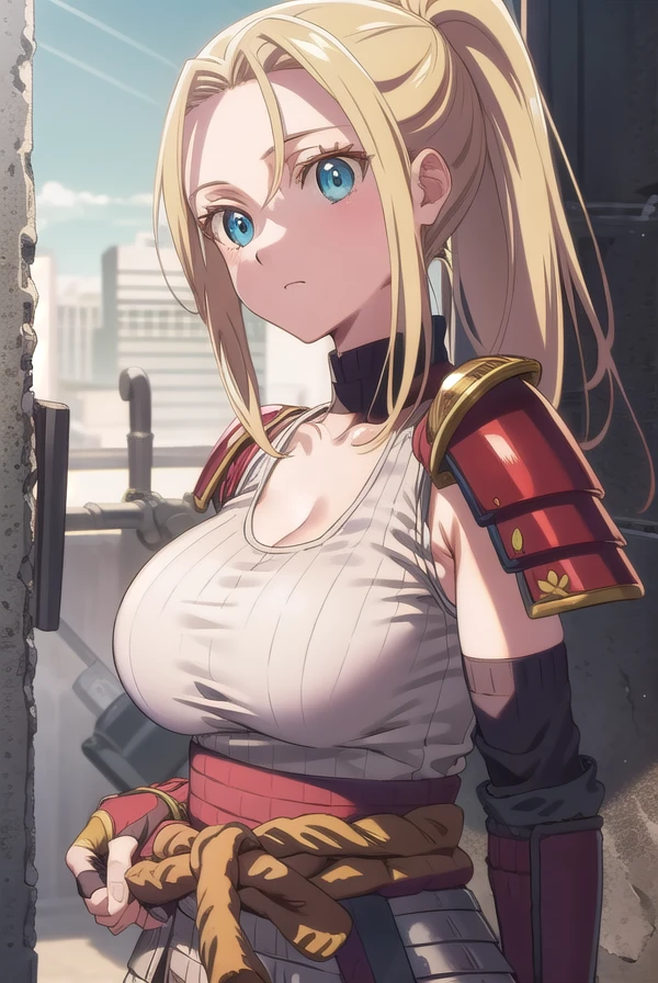 beatrixamerhauser, <lora:beatrixamerhausertest:1>,
beatrix amerhauser, long hair, blue eyes, blonde hair, gloves, ponytail, (medium breast:1.2),
BREAK gloves, fingerless gloves, armor, japanese armor, tank top, white tank top, cleavage, collarbone,
BREAK looking at viewer,
BREAK outdoors,
BREAK <lora:GoodHands-vanilla:1>, (masterpiece:1.2), best quality, high resolution, unity 8k wallpaper, (illustration:0.8), (beautiful detailed eyes:1.6), extremely detailed face, perfect lighting, extremely detailed CG, (perfect hands, perfect anatomy),
