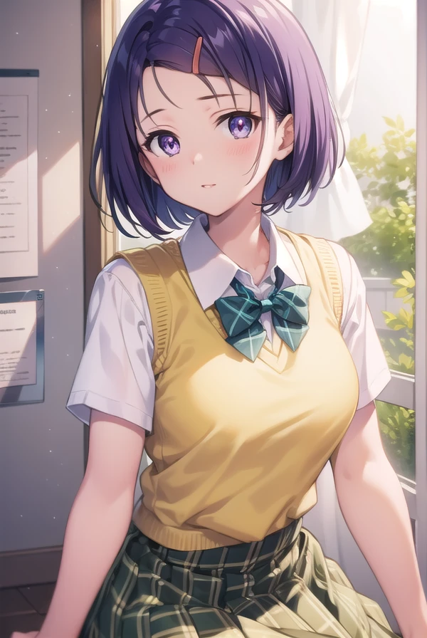 harunasairenji, <lora:harunasairenjitest:1>,
haruna sairenji, hair ornament, hairclip, (purple eyes:1.1), purple hair, short hair, swept bangs, forehead,
BREAK green skirt, plaid, plaid skirt, sainan high school uniform, school uniform, skirt, sweater vest, (yellow sweater:1.3), short sleeves,,
BREAK looking at viewer,
BREAK indoors, classroom,
BREAK <lora:GoodHands-vanilla:1>, (masterpiece:1.2), best quality, high resolution, unity 8k wallpaper, (illustration:0.8), (beautiful detailed eyes:1.6), extremely detailed face, perfect lighting, extremely detailed CG, (perfect hands, perfect anatomy),